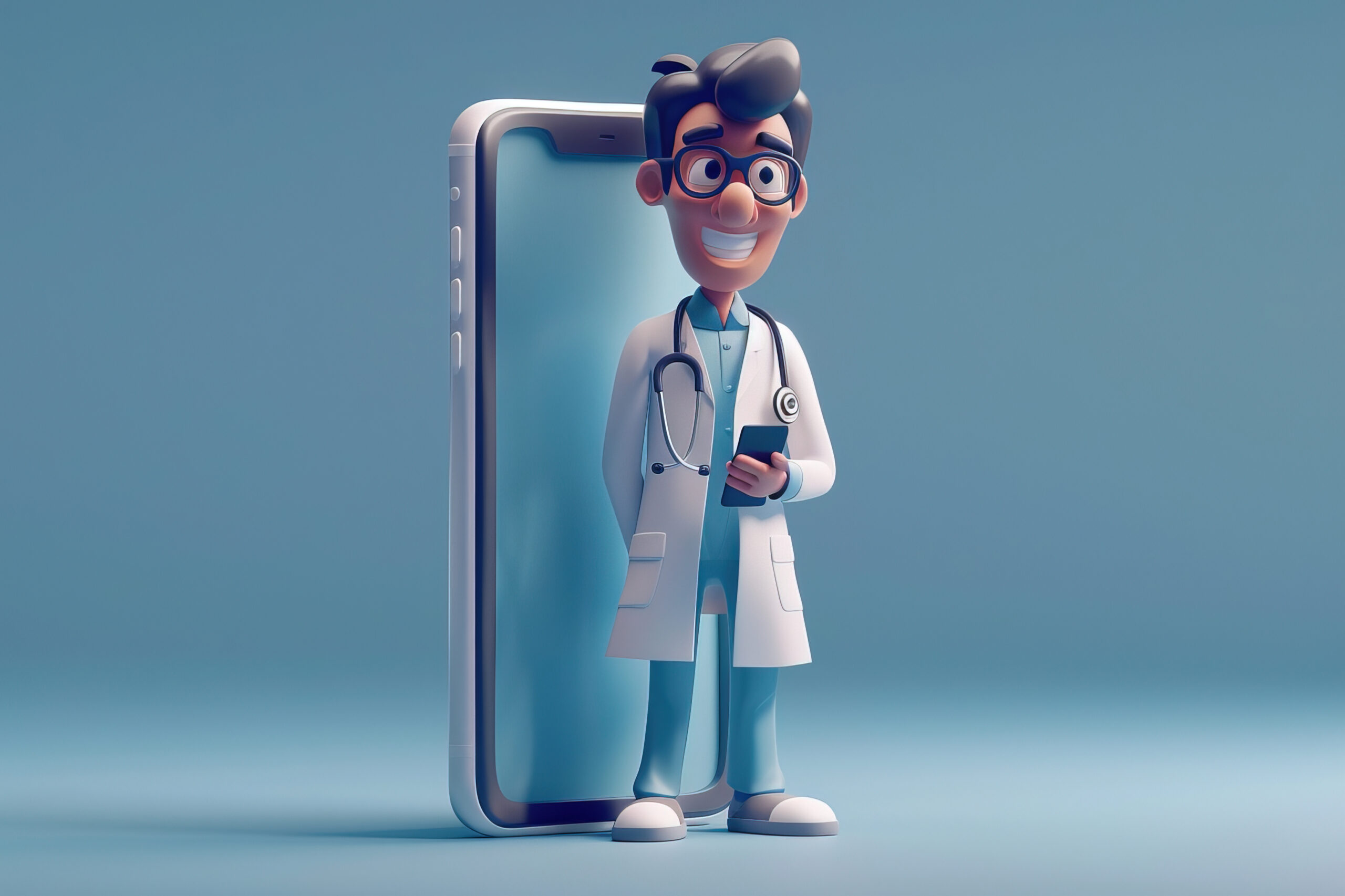 In 3D render style, a doctor is coming out of a smartphone, everything in focus. 3D style --ar 3:2 --style raw --stylize 300 --v 6 Job ID: 2ef78cde-0b98-4ffc-8724-2583048985db